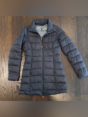 SAVE THE DUCK Women's Black Quilted Long Puffer Jacket with Orange Accents